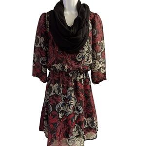 BEBOP Dress Black Lined Sheer Red Black Paisley With Black Scarf Women’s SZ S